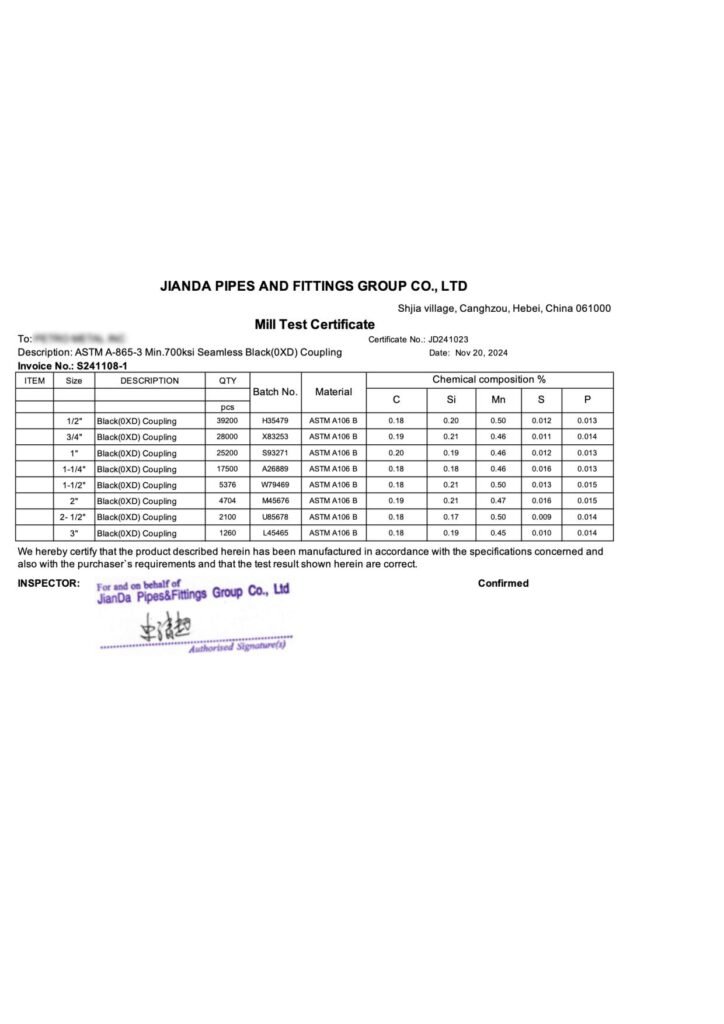 pipe coupling material certificate